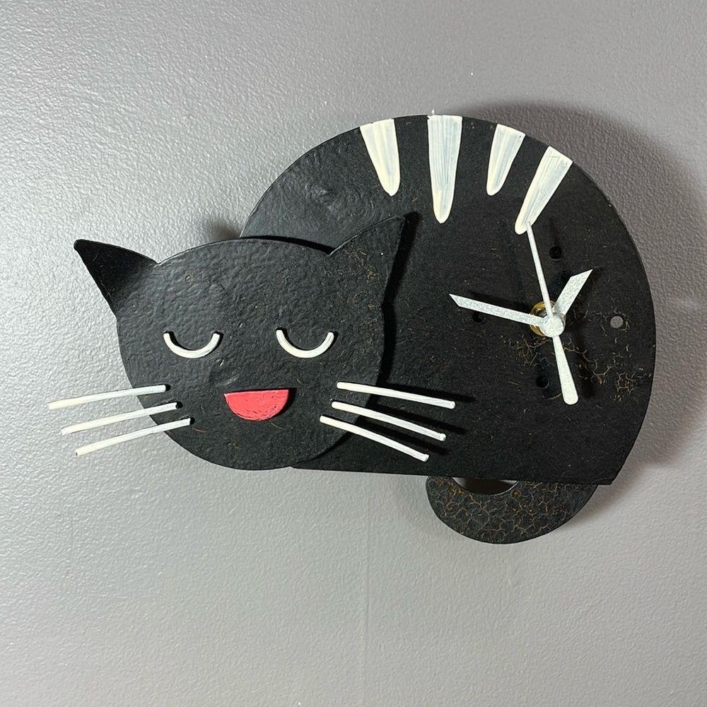 Unique and adorable metal cat clock artisan hand crafted with moving tail!